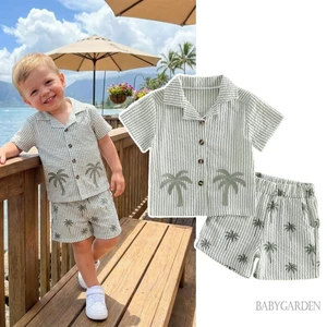 Tập Đi Bé Trai Trang Phục Mùa Hè Dễ Thương Sọc Cây Dừa Thêu Áo Sơ Mi Tay Ngắn Có Quần Short Bộ 2 Chiếc
