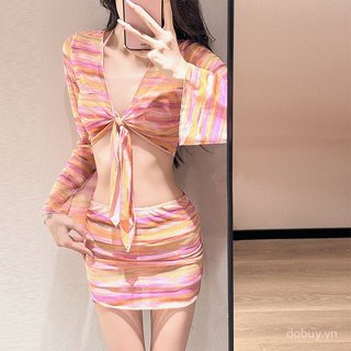 Tên trước eo và mini váy xẻ bèo bộ hai mảnh lưới sheer dành cho nữ