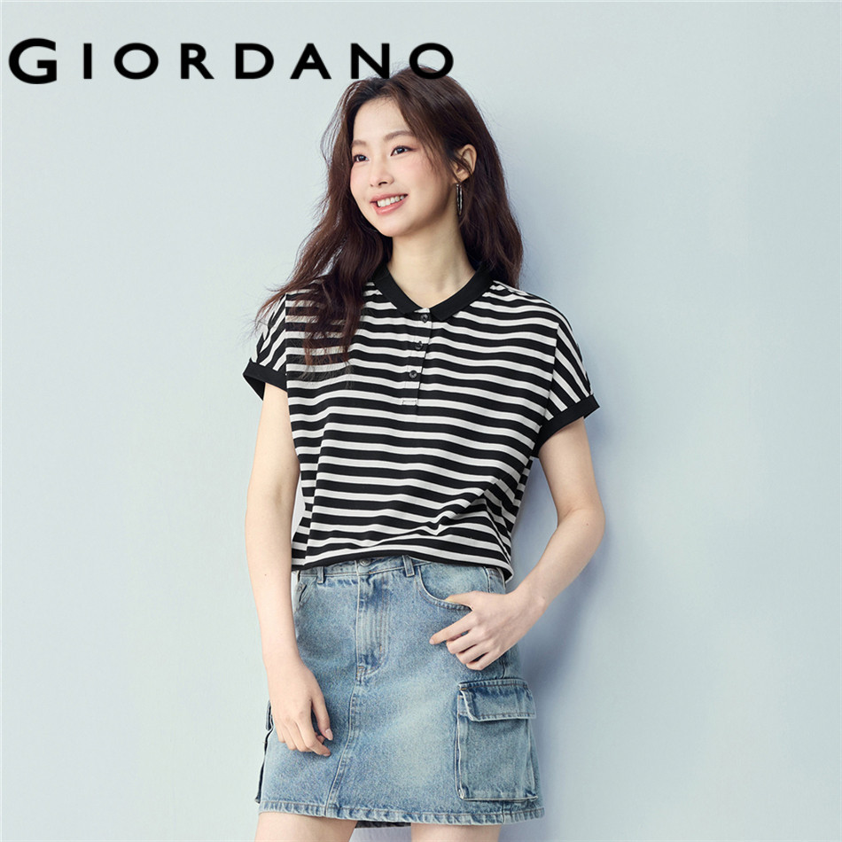 GIORDANO WOMEN Pure cotton striped polo short-sleeved knit - High Quality 05316384