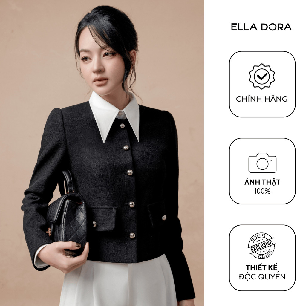 Áo khoác Tweed ELLA DORA thiết kế 7 cúc đồng form đứng thanh lịch sang trọng 2 màu ĐEN/BE [K12]