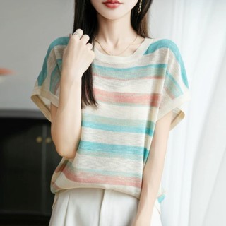 Áo dệt kim sọc tay ngắn cổ tròn dành cho mùa hè, thiết kế mỏng và dáng rộng