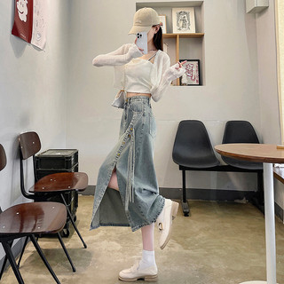 Váy midi denim phong cách Trung Quốc mới cho nữ, mùa xuân, eo cao, dài vừa phải, váy xẻ A-line
