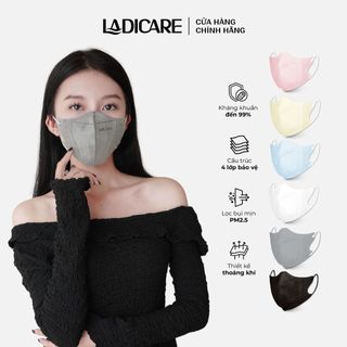 Khẩu trang 5D LADICARE 4 lớp dày dặn kháng khuẩn, ngăn bụi, chống thấm tốt, dây đeo mềm mại, đủ các màu