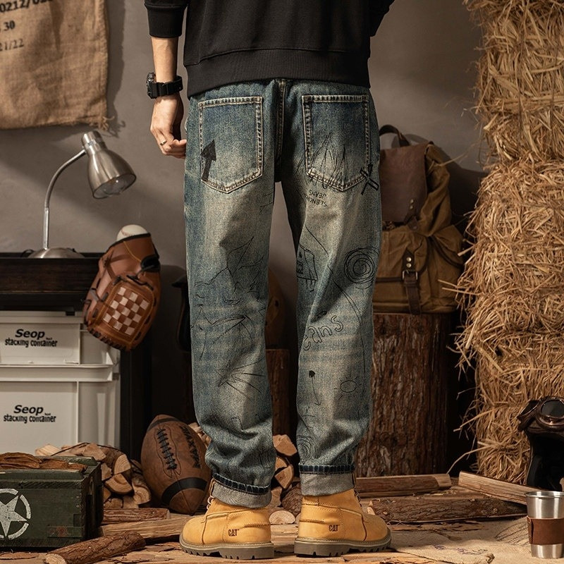 Quần denim màu xanh retro nam, phù hợp mùa đông với phong cách hàng ngày cho chân thẳng.