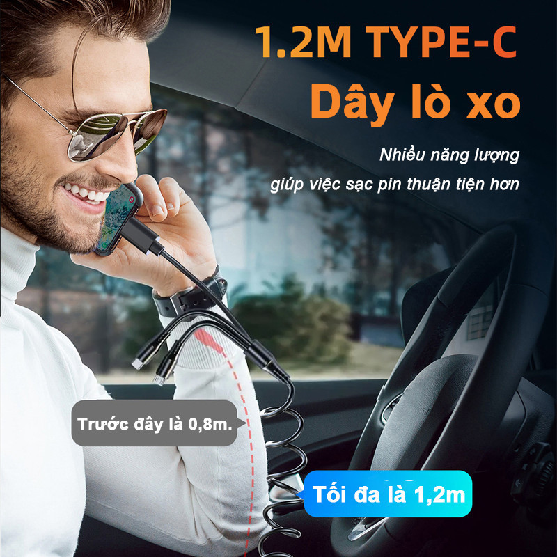 Tẩu Sạc Ô Tô 65W Cáp Lò Xo, Sạc Nhanh Đa Năng Có Đèn LED, Tương Thích Mọi Điện Thoại Máy Tính Bảng