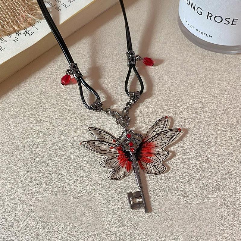 HNKMP Y2K Chuồn Chuồn Chìa Khóa Đỏ Zircon Vòng Cổ Mặt Dây Chuyền Retro Punk Da Hip Hop Choker Hợp Thời Trang Nữ Trang Sức Quà Tặng.
