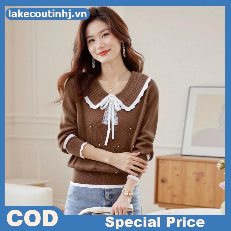 Áo len Hàn Quốc cổ búp bê dài tay, nơ ngọt ngào và hạt đính cườm dành cho nữ