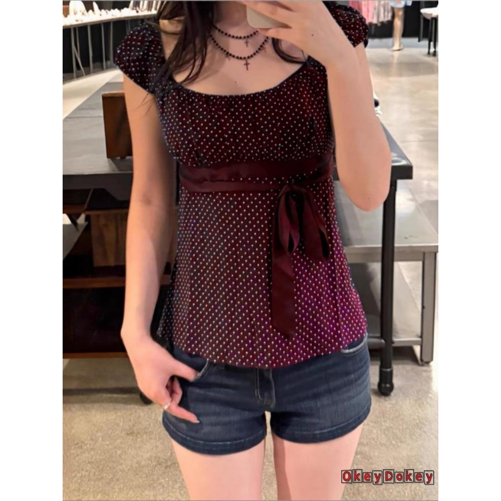 ÁoSlimFit nữ thun cổ vuông ngắn tay in chấm bi thời trang, phù hợp mặc mỗi ngày