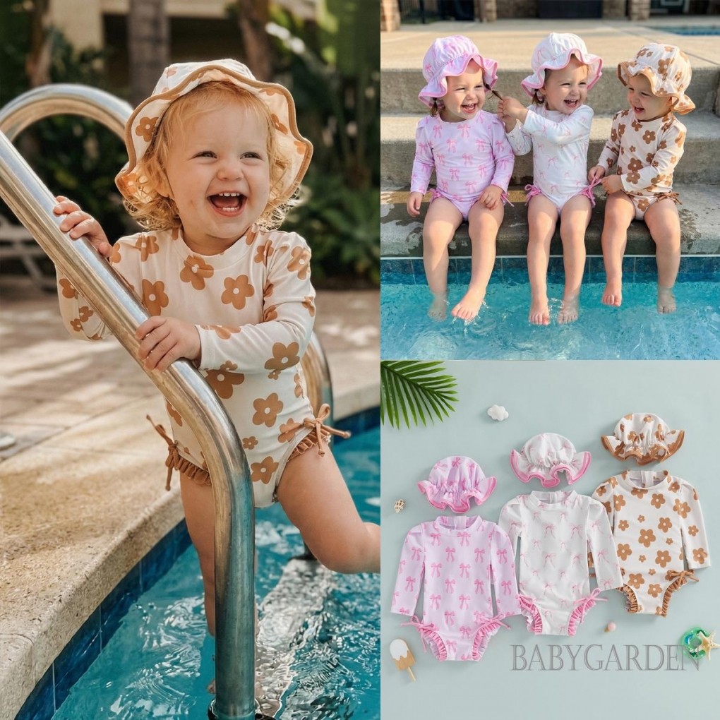 0-24Months Bé Gái Rash Guard Đồ Bơi Tay Dài Hoa / Nơ In Hình Đồ Bơi Xù Có Mũ Cho Bể Bơi Đi Biển