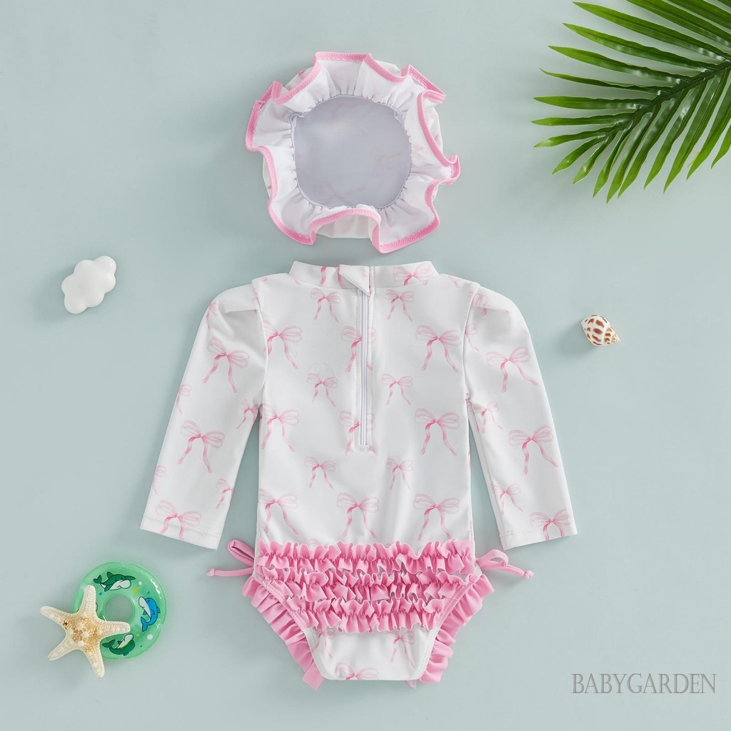 0-24Months Bé Gái Rash Guard Đồ Bơi Tay Dài Hoa / Nơ In Hình Đồ Bơi Xù Có Mũ Cho Bể Bơi Đi Biển