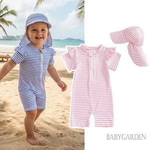 Bộ đồ bơi bé gái mới biết đi có mũ 2 chiếc Bộ sọc Xù Viền có khóa kéo Đồ bơi tay ngắn