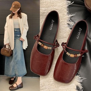 Giày Flat Mary Jane 2025 Giày Đơn Pháp Nông Miệng Retro Đế Mềm Giày Da Ballet