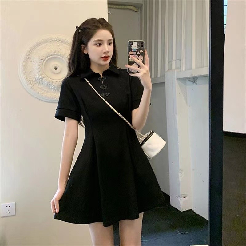 Đầm ngắn nữ cao cấp màu đen chất liệu sườn xám, phù hợp mặc mùa hè