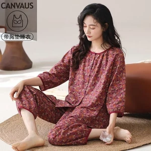 Shop Bộ Đồ Ngủ Nữ Có Miếng Lót Ngực Kẻ Sọc Cardigan Ba Phần Tư Tay Xuân Thu Loungewear Set Mỏng Dệt Cotton