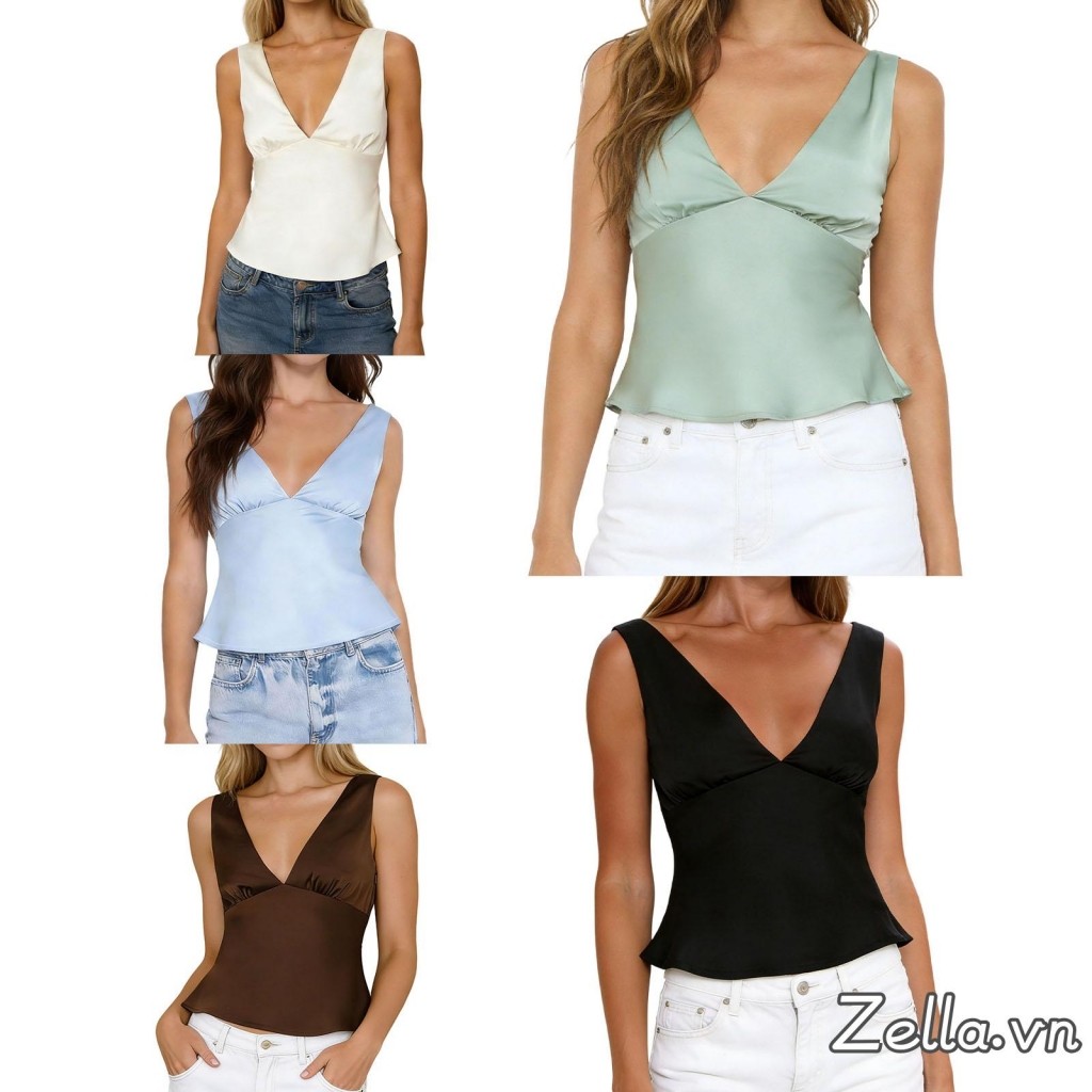 Áo ba lỗ Satin không tay cổ chữ V sâu màu trơn Slim Fit cho nữ