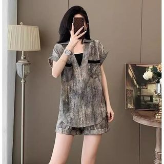 Bộ đồ hai mảnh cho nữ, phong cách Hàn Quốc mới, thiết kế đơn giản thanh lịch, áo ngắn tay, quần short cao eo