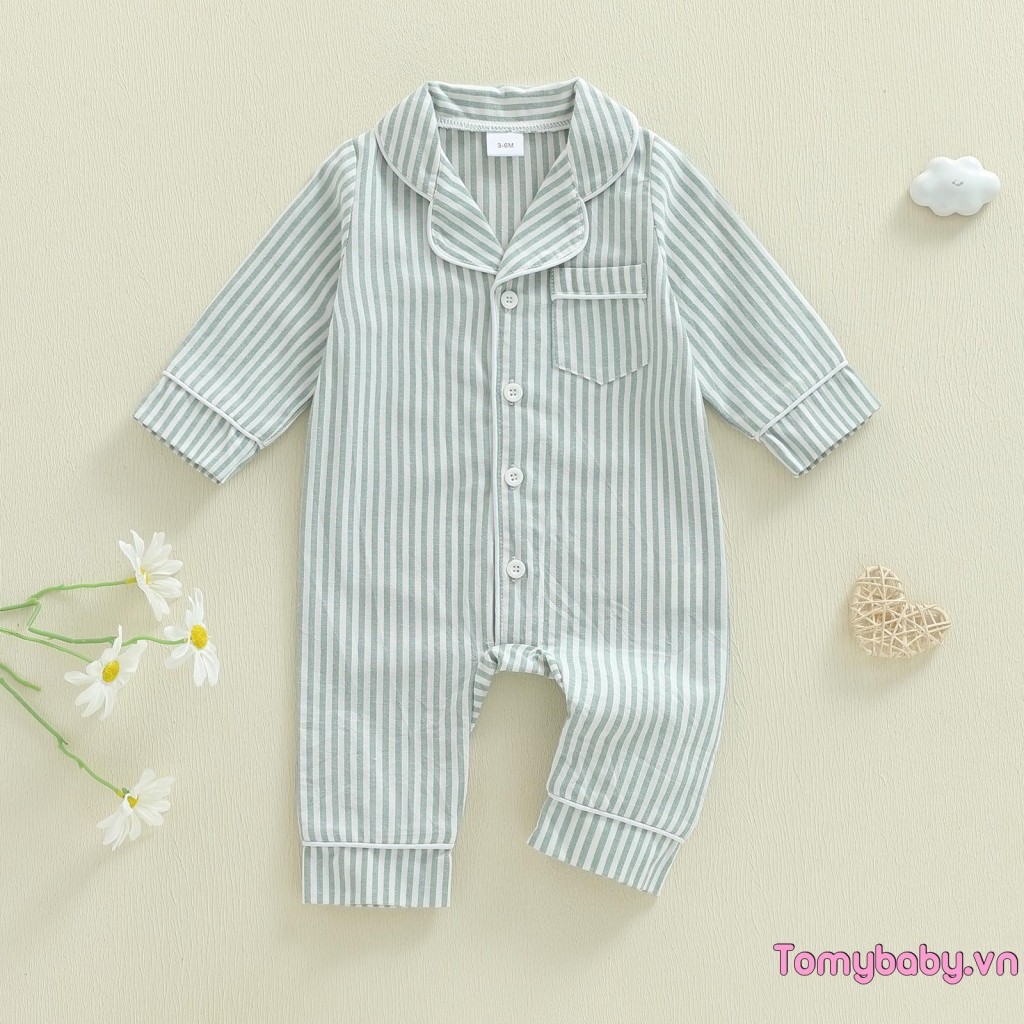 Bộ Đồ Ngủ Mùa Thu In Sọc Cho Bé Gái Bé Trai Dễ Thương Nút Xuống Ve Áo Cổ Chữ V Dài Tay Đồ Ngủ