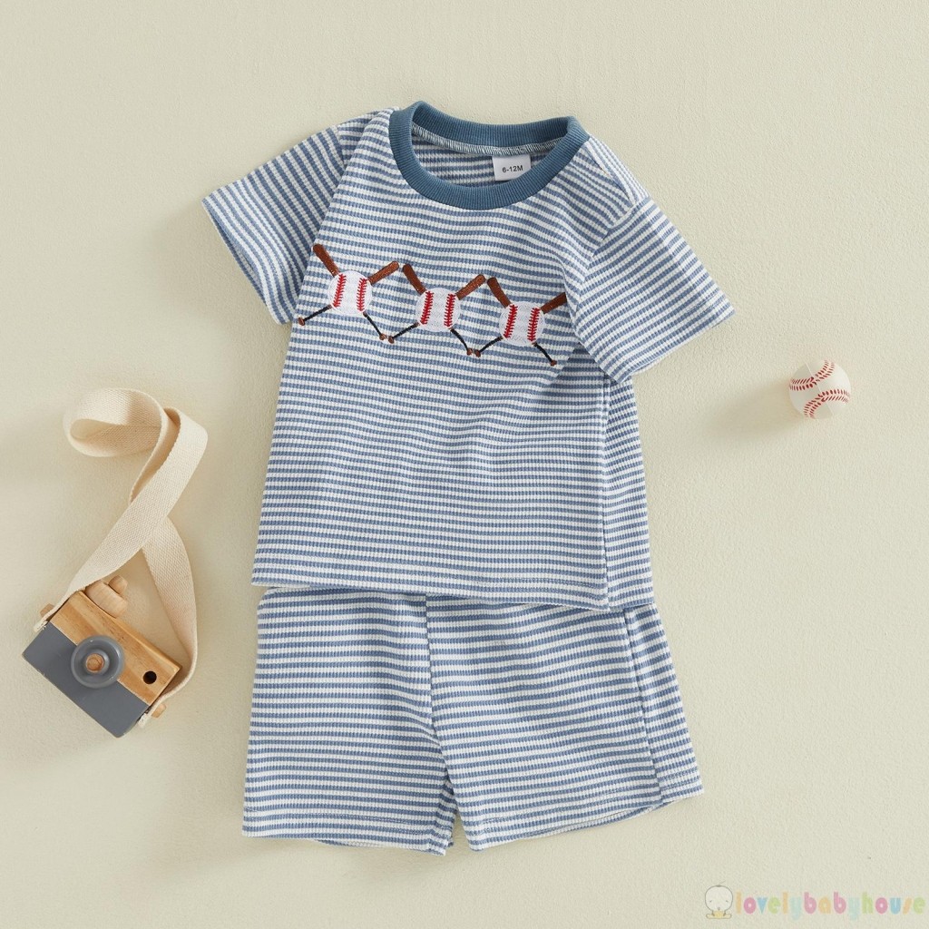 LBH-Toddler Bé Trai Sọc Mùa Hè Tay Ngắn Thêu Bóng Chày Áo Có Quần Short 2 Bộ Quần Áo
