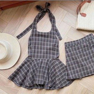 Set áo yếm kẻ sọc dáng xòe kèm chân váy caro chữ A, Set đồ nữ cổ yếm buộc nơ chiết eo xòe tiểu thư