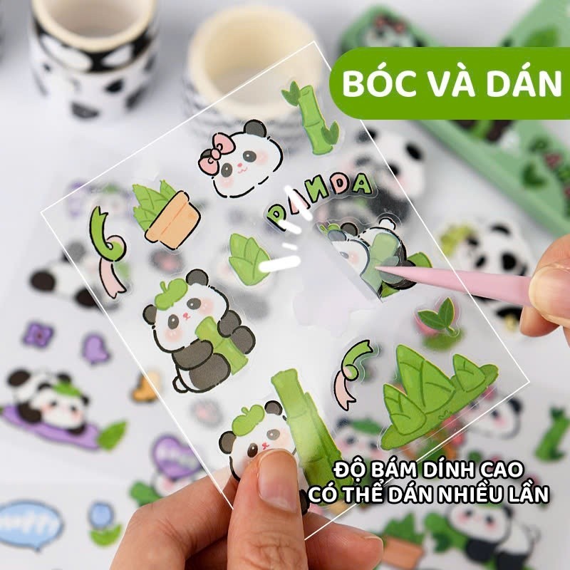 Sticker mini gấu trúc 10 miếng trong suốt, hình dán cute trang trí laptop sổ tay bút và đồ dùng học tập