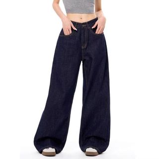 Quần Jean Ống Thẳng Màu Xanh Đậm Phong Cách Cổ Điển Hàn Quốc