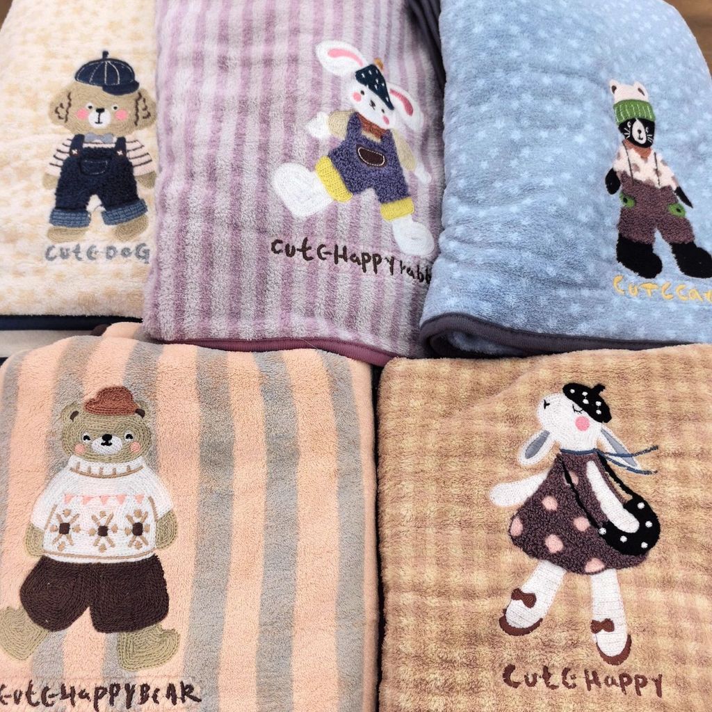 Khăn tắm lông cừu san hô mềm, thấm hút, không xơ, thêu công viên động vật, dày, cotton nguyên chất