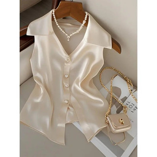 Áo sơ mi voan satin kích thước lớn, phong cách cổ chữ V ngọt ngào không tay, chất liệu satin thoáng mát phù hợp mùa xuân và thu