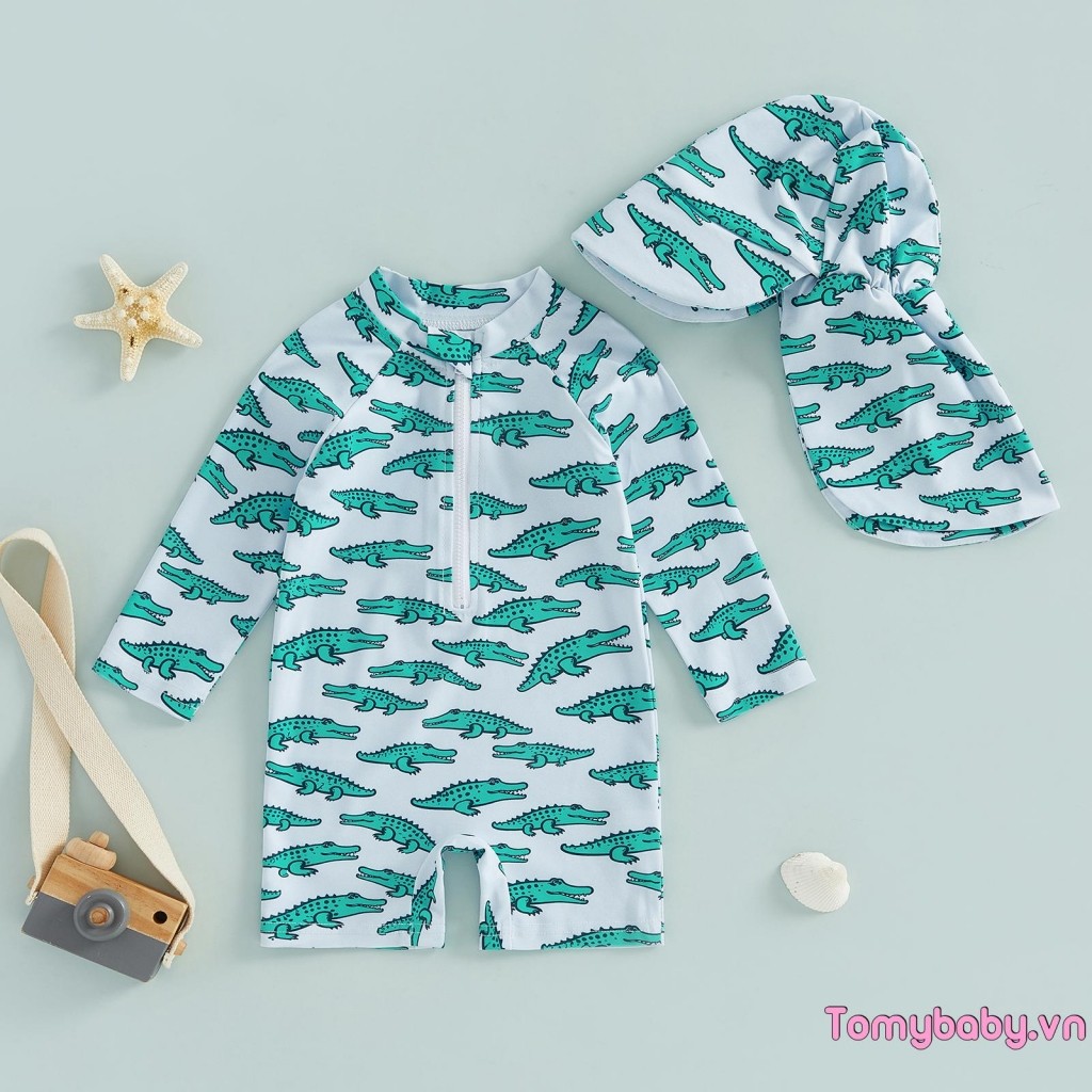 Tập Đi Bé Trai Rash Guard Đồ Bơi Cua Cá Sấu In Zip Up Đồ Bơi Tay Dài Có Mũ Bộ
