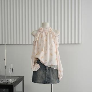 Áo sơ mi voan cổ bướm, dây tháo rời, họa tiết hoa 3D, màu tím ngọt ngào, phù hợp mùa xuân hè