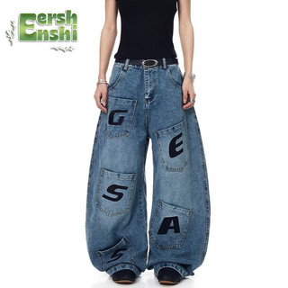 Nam Nữ retro Phong Cách Đường Phố Cao Cấp In Chữ Nhiều Túi Cong Dao Quần Jean
