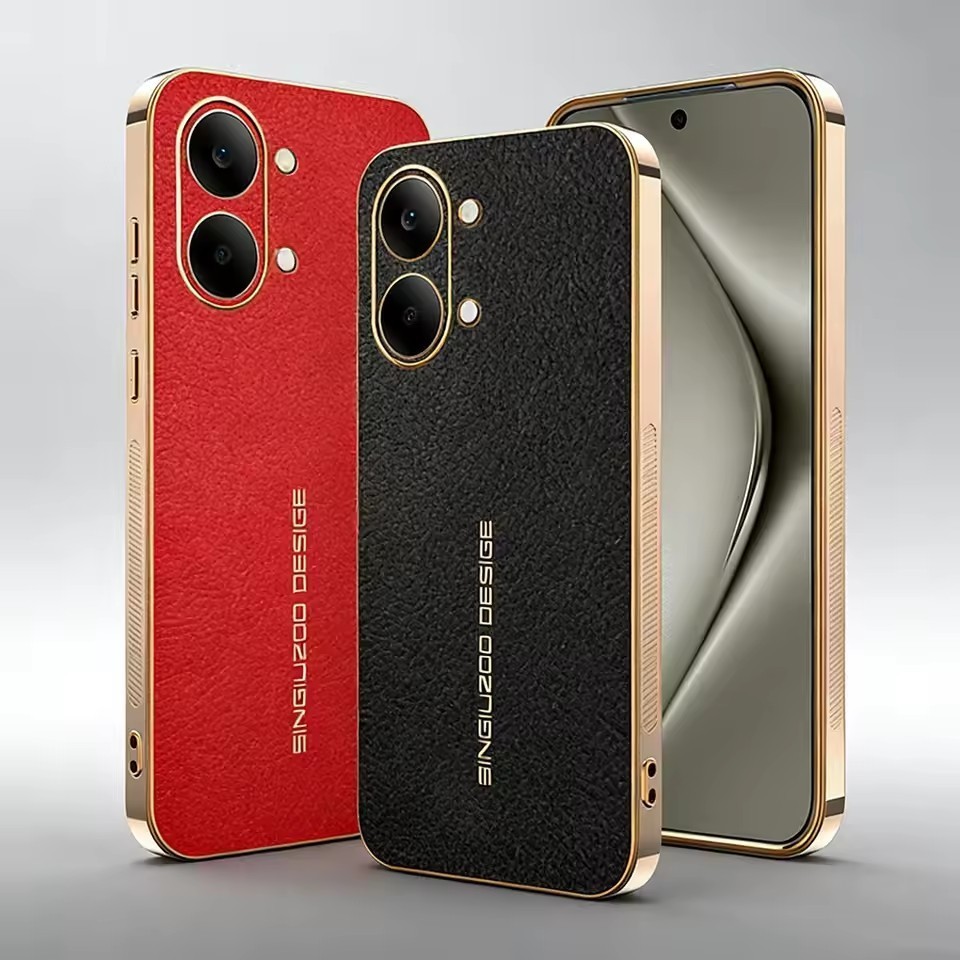 Ốp khung mạ điện bằng da vải thiều cổ điển cho Xiaomi poco x8 x7 x6 pro max f8 f7 f6 Redmi Turbo 5 Max 4 pro Vỏ cảm giác da Camera Vỏ bảo vệ chống sốc