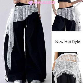 OIWLSAX321 Váy xù buộc dây, Váy Mini ren hoa thêu Y2K dạo phố, trang trí quần jean xuyên thấu thiết kế dây buộc lưng cao