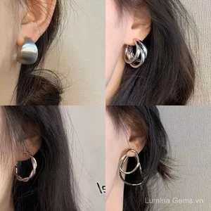 Bông tai bạc kim loại nhiều lớp vòng tròn, phong cách thoáng mát và sang trọng