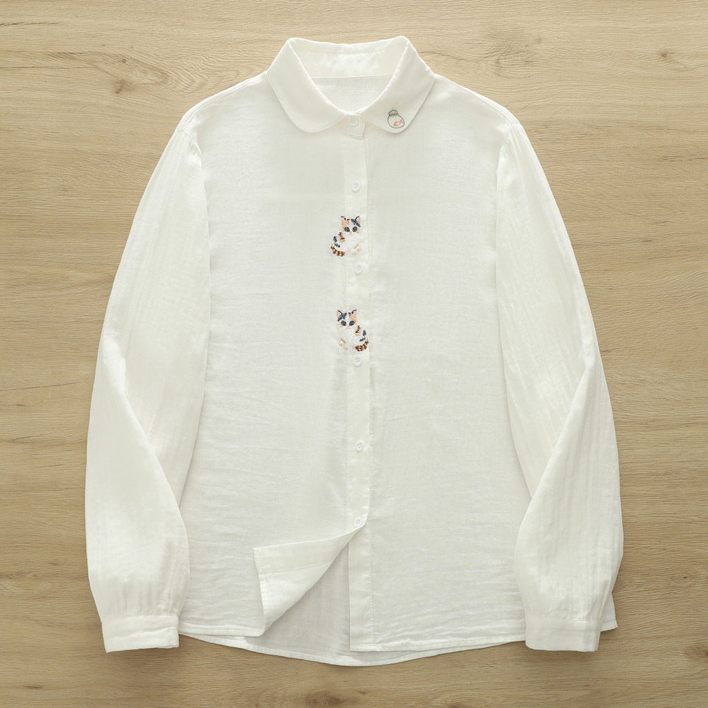 <![CDATA[Áo sơ mi nữ 100% sợi cotton cao cấp, hoạ tiết thêu hoạt hình mèo trắng]]>