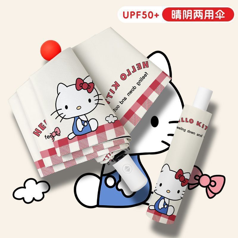Kẻ Sọc Hello Kitty - Ô Tự Động Ba Gấp, Chống Tia UV và Che Nắng