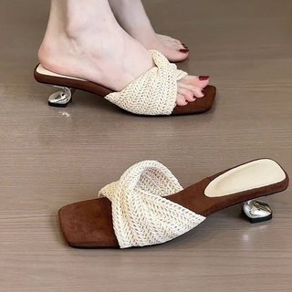 Giày Cao Gót Nữ Mũi Vuông Dày Gót Slip-On Vải Lanh