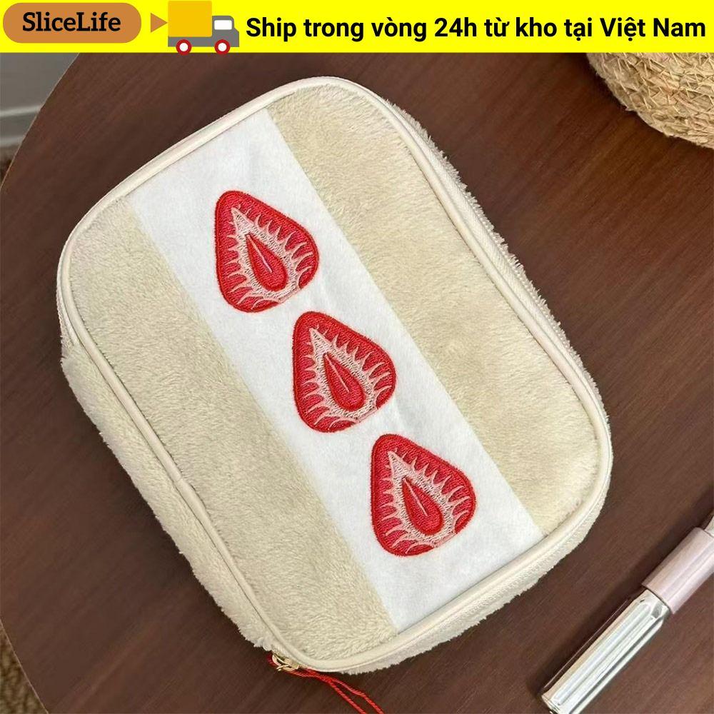 Túi đựng bút SLICELLIFE, Túi trang điểm thêu dễ thương bánh Sandwich dâu tây, Túi đựng văn phòng phẩm sang trọng mờ đa chức năng bền bỉ Du lịch tại nhà