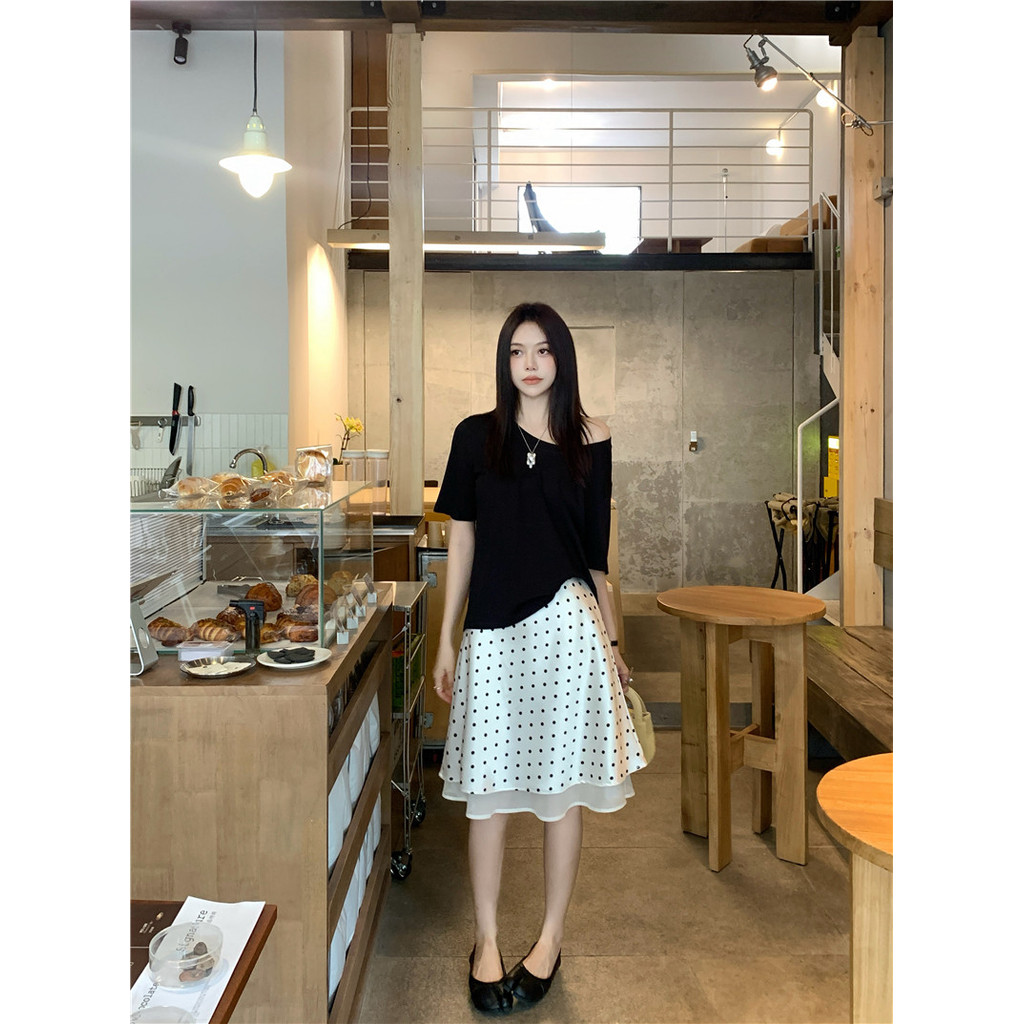 SUXI Váy midi chữ A chấm bi mềm mại dành cho nữ mùa hè 260331