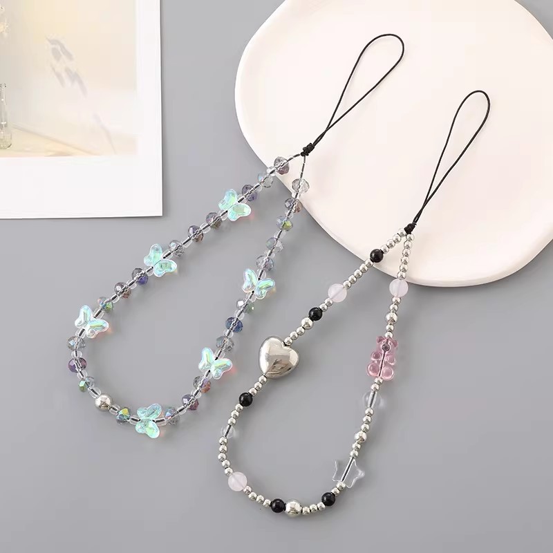 Dây đeo điện thoại gấu xinh bướm hạt trang trí, chống mất mát, phụ kiện trang trí túi xách tiện lợi