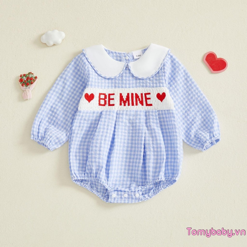 Bé Gái Ngày Lễ Tình Nhân Áo Liền Quần Kẻ Sọc In Hình Búp Bê Dài Tay Cổ Bong Bóng Jumpsuit