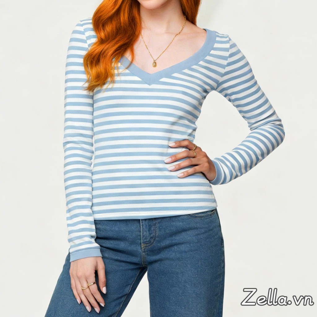 Áo thun nữ cổ chữ V mùa xuân thu màu xanh dài tay Slim Fit Áo thun Crop sọc