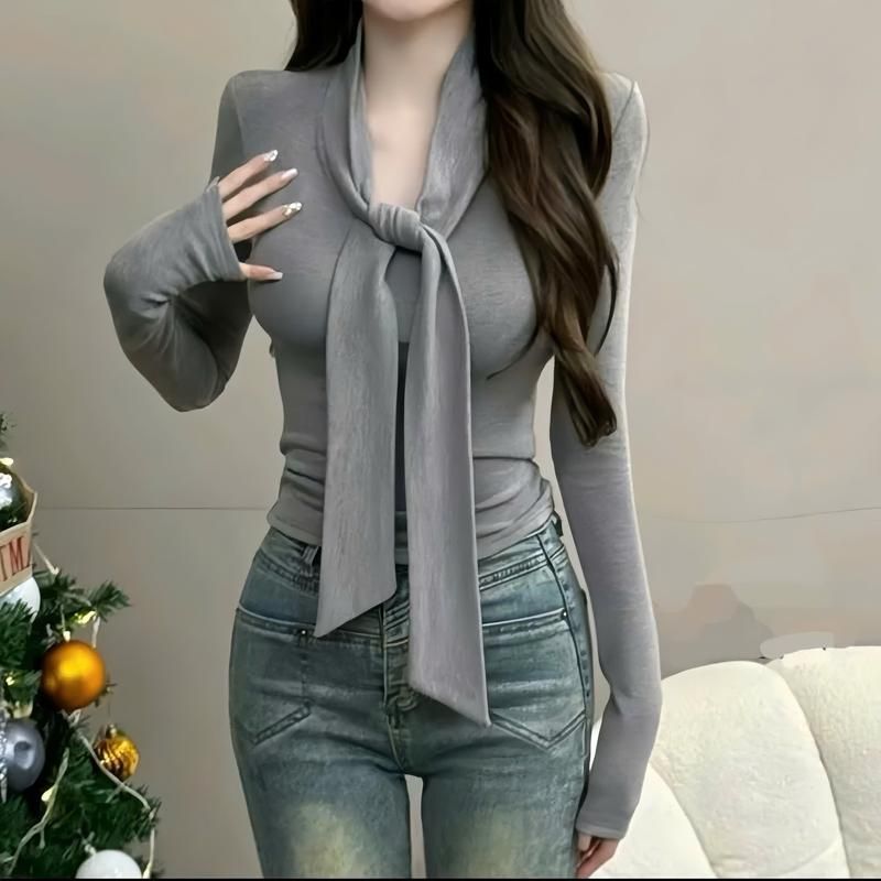 Áo Thun Nữ Thiết Kế Dây Thắt Chất Thun Gân Tăm ESHOP Áo Kiểu Tay Dài Bigsize Ôm Body Tôn Dáng MS555