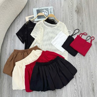 Set 3 Món Bigsize Nữ Áo Lưới Tay Ngắn Mix Áo Hai Dây Và Chân Váy Bí Xòe Cá Tính  A318+G118+CV413