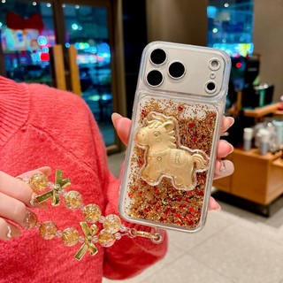 Có Tiền 3D Ngựa Vàng Lấp Lánh Quicksand Sequin Đính Hạt Wrsit Dây Xích Ốp Lưng Điện Thoại iPhone 17Promax 17Pro 12 13 14 15 16 Pro Max 11 15Plus Mềm Nam Nữ Vỏ Di Động