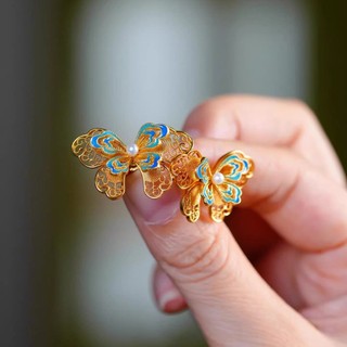 Bông tai retro xanh men hoa lụa bướm, phong cách sang trọng dành cho nữ