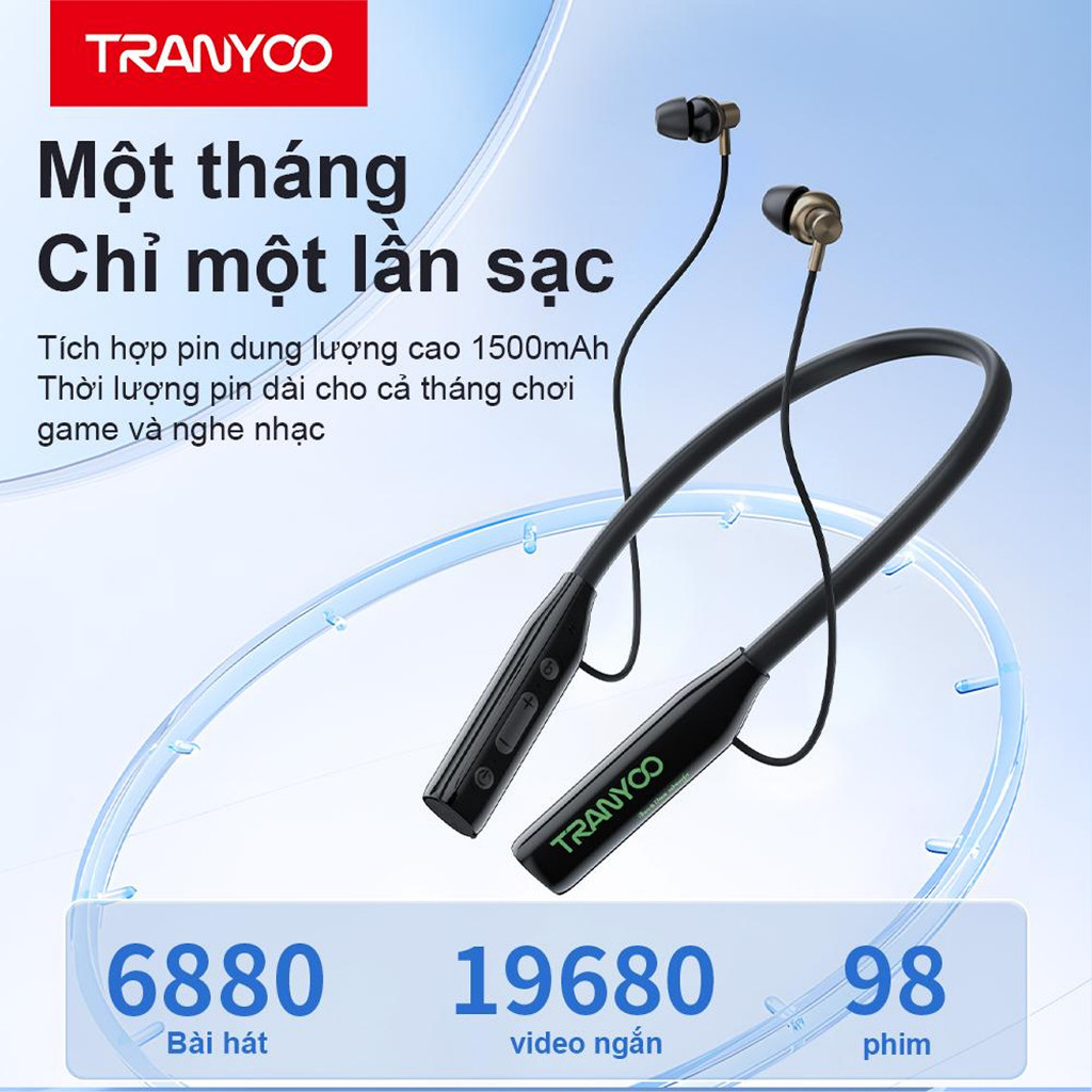 Tai Nghe Bluetooth T-M31 Màng Loa Mạ Titan Thể Thao Đeo Cổ Pin Trâu Lên Đến 300h | TRANYOO VN STORE