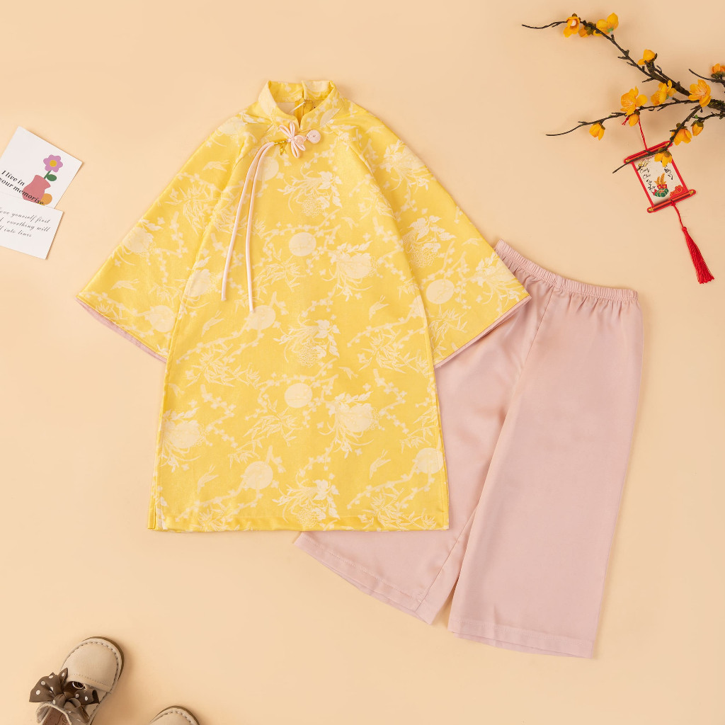 Áo Dài Lụa Bé Gái Unbee Kèm Bờm - Áo Dài Tết Truyền Thống Cho Bé 1-4 Tuổi