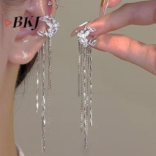 [KJ] Kẹp tai tua rua dài thời trang sáng bóng Zircon Moon Star Không xỏ khuyên Bông tai thiết kế hợp thời trang Trang sức dự tiệc dành cho nữ sang trọng [Mới]