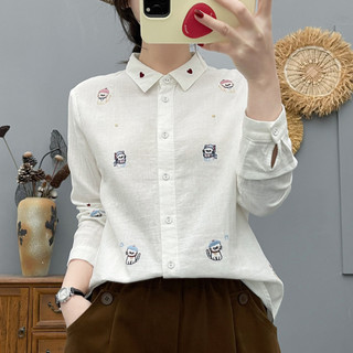 Áo sơ mi nữ 100% sợi cotton phong cách nước ngoài, họa tiết thêu tay dài, phù hợp mùa xuân 2026