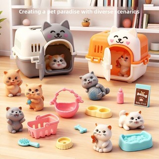 Mô Phỏng Mini Động Vật Mèo Trẻ Em Nhà Chơi Bộ Đồ Trang Trí Nhỏ Chó Con Búp Bê Đồ Chơi Mô Hình Mèo Lồng Ăn